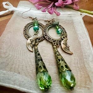 Moon in Green Gatsby Crescent Moon Dangle Earrings